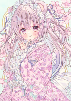 1girl animal_ears back_bow bad_anatomy bad_hands blue_background blue_hair blush bow colored_inner_hair commentary floral_print floral_print_kimono frilled_kimono frills gradient_bow grin hairband highres japanese_clothes kimono looking_at_viewer marker_(medium) multicolored_hair original pink_eyes pink_hair pink_kimono print_kimono purple_bow puu_(kari---ume) simple_background smile traditional_media twintails white_hairband