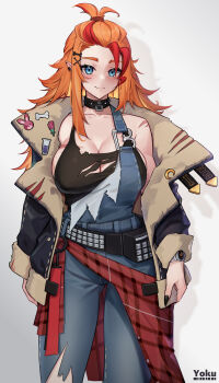 1girl absurdres belt black_nails blue_eyes blue_overalls bone_hair_ornament breasts buffpup_(vtuber) cleavage collar denim denim_overalls hair_ornament highres indie_virtual_youtuber jacket large_breasts muscular muscular_female orange_hair overalls red_hair rer_goku scar scar_on_breasts spiked_collar spikes virtual_youtuber watch white_hair wristwatch