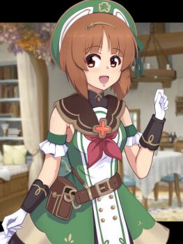 1girl arm_up bow brown_eyes brown_hair commentary_request dress frills girls_und_panzer gloves green_dress green_hat green_ribbon hair_ornament hair_ribbon hat heiden highres nishizumi_miho open_mouth princess_connect! ribbon short_hair smile solo upper_body vambraces waist_bag white_gloves