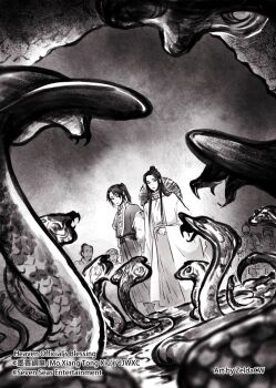 Rule 34 | 2boys, animal, artist name, cave, chinese clothes, cobra (animal), commentary, copyright name, dutch angle, english commentary, fangs, from below, greyscale, hair bun, hanfu, hat, hat on back, hua cheng, layered sleeves, long hair, long sleeves, male focus, monochrome, multiple boys, official art, parted bangs, people, ponytail, rice hat, san lang, short over long sleeves, short sleeves, single hair bun, snake, tianguan cifu, too many snakes, underground, watermark, white hanfu, wide sleeves, xie lian, zelda c wang