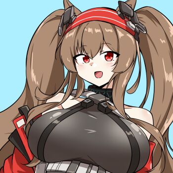 1girl :d absurdres alternate_breast_size_(larger) angelina_(arknights) angelina_(distinguished_visitor)_(arknights) animal_ears arknights belt black_collar black_leotard breasts brown_hair coat collar commentary_request earpiece fox_ears hairband high_belt highres huge_breasts impossible_clothes impossible_leotard infection_monitor_(arknights) leotard light_blush long_hair looking_at_viewer official_alternate_costume open_clothes open_coat open_mouth red_coat red_eyes red_hairband smile solo striped_clothes striped_hairband twintails two-tone_hairband upper_body white_belt xibu_cai