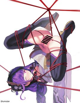 1girl artist_name ass ass_focus bar_censor bdsm blunt_bangs blush bondage bound bound_arms bound_legs braid breasts bridal_gauntlets censored cleavage clitoris closed_mouth commentary english_commentary female_focus genshin_impact hair_ornament highres hymen iumu japanese_clothes kimono long_braid long_hair mole mole_under_eye nude off_shoulder one_eye_closed pointless_censoring presenting_pussy purple_eyes purple_hair purple_kimono pussy pussy_focus pussy_juice raiden_shogun red_rope restrained rope shade shibari shibari_over_clothes simple_background single_braid spread_legs spread_pussy thighs virgin white_background