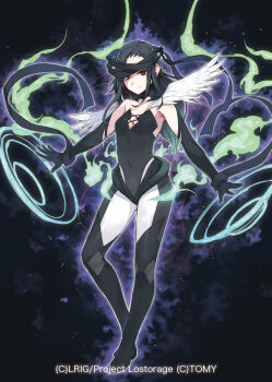 1girl black_background black_bodysuit black_gloves black_hair black_thighhighs bodysuit closed_mouth copyright_notice elbow_gloves gloves iona_(wixoss) looking_at_viewer official_art red_eyes satoma_makoto smile solo thighhighs white_wings wings wixoss