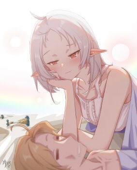 1boy 1girl absurdres ahoge bed_sheet blanket blonde_hair blush camisole closed_eyes collarbone commentary dehydrated elf exhausted flask guy_tired_after_sex_(meme) head_rest hetero highres looking_at_another m_xy medium_hair meme mushoku_tensei orange_eyes parted_bangs pointy_ears rudeus_greyrat smug sunken_cheeks sylphiette_(mushoku_tensei) under_covers upper_body white_camisole white_hair