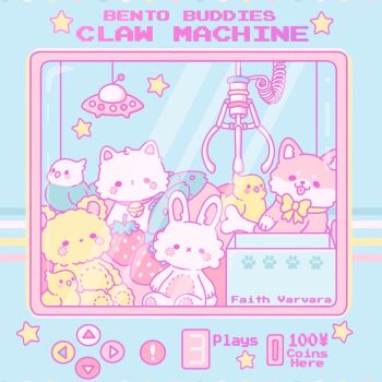 ! artist_name blue_background bone bow bowtie commentary crane_game english_commentary english_text faith_varvara food fruit highres no_humans object_focus original pastel_colors paw_print shiba_inu star_(symbol) strawberry stuffed_animal stuffed_bird stuffed_cat stuffed_dog stuffed_fish stuffed_rabbit stuffed_toy teddy_bear ufo yellow_bow yellow_bowtie