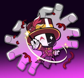 1boy :d arm_up ascot black_background black_mask black_pants black_shoes brown_coat brown_hat chibi chibi_only coat commentary dj_booth_(masquerade)_(tower_defense_simulator) dj_booth_(tower_defense_simulator) flower frilled_sleeves frills full_body gloves gradient_background grin hat hat_feather hat_flower holding holding_wand long_sleeves looking_at_viewer magician male_focus mask official_alternate_costume open_mouth pants pink_background red_ascot red_flower red_ribbon red_rose red_vest ribbon roblox rose ryoko6318 shoes simple_background smile solo sparkle standing symbol-only_commentary top_hat tower_defense_simulator two-tone_background vest wand white_gloves white_mask