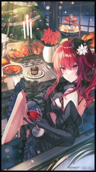 1girl black_dress bottle cake cake_slice candle christmas_ornaments christmas_tree closed_mouth commentary_request cup dress drinking_glass flower food fork garland_(decoration) ham hat highres honkai:_star_rail honkai_(series) kafka_(honkai:_star_rail) knife long_hair looking_at_viewer mini_hat mitorine0310 plate poinsettia signature smile solo spoon star_(symbol) star_in_eye swiss_roll symbol_in_eye turkey_(food) vase window wine_glass