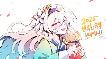 1girl blue_hairband blush electronduck falling_petals firefly_(honkai:_star_rail) flower gradient_hair green_hanbok green_pupils grey_hair hair_between_eyes hair_flower hair_intakes hair_ornament hairband hanbok happy_new_year highres holding_pouch honkai:_star_rail honkai_(series) korean_clothes korean_text long_hair multicolored_eyes multicolored_hair new_year open_mouth petals simple_background smile solo teeth upper_teeth_only white_background
