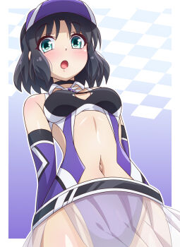 1girl arms_behind_head bare_shoulders baseball_cap black_choker black_hair blush breasts center_opening choker cowboy_shot detached_sleeves green_eyes hat highres kohinata_miku leotard looking_at_viewer medium_breasts navel open_mouth purple_leotard see-through_clothes see-through_skirt senki_zesshou_symphogear skirt solo yosuzu
