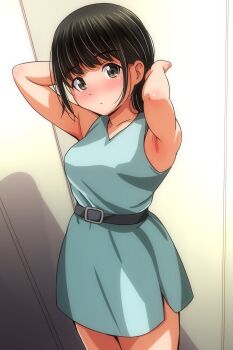1girl absurdres armpits belt black_hair blue_dress blush brown_eyes closed_mouth commentary_request dress highres looking_at_viewer matsunaga_kouyou nose_blush original sleeveless sleeveless_dress solo