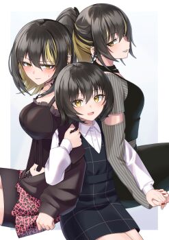 3girls absurdres aged_down animal_print black_dress black_hair black_lips blonde_streaks blush border breasts camellia_90 closed_mouth commentary_request dress ear_piercing fingernails highres holding_hands idolmaster idolmaster_shiny_colors ikaruga_luca leopard_print lipstick long_sleeves looking_at_viewer makeup medium_hair multicolored_hair multiple_girls multiple_persona nail_polish navel_piercing outside_border piercing pink_skirt ponytail print_skirt red_nails simple_background sitting skirt streaked_hair two-tone_hair white_border yellow_eyes