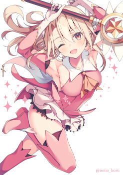 1girl ;d aonu_koru armpits arms_up ascot bare_shoulders blush breasts clothes_lift collared_shirt commentary_request detached_sleeves dutch_angle eyelashes fate/kaleid_liner_prisma_illya fate_(series) floating_hair foot_out_of_frame gloves hair_between_eyes happy highres holding holding_wand illyasviel_von_einzbern long_hair looking_at_viewer magical_girl magical_ruby miniskirt one_eye_closed open_mouth pink_shirt pink_sleeves pink_thighhighs pleated_skirt prisma_illya red_eyes shiny_skin shirt simple_background skirt skirt_lift sleeveless sleeveless_shirt small_breasts smile solo sparkle standing standing_on_one_leg thighhighs thighs twitter_username wand white_background white_gloves white_skirt wind wind_lift yellow_ascot