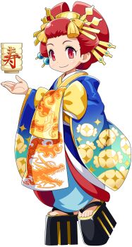 Rule 34 | 1girl, artist request, blue kimono, cotton (character), cotton (game), cup, datehyogo, dragon print, floating, floating object, full body, hair ornament, highres, japanese clothes, kanzashi, kimono, koma-geta, layered kimono, looking at viewer, manaita obi, matsuba kanzashi, nihongami, official alternate costume, official alternate hairstyle, official art, oiran, platform clogs, platform sandals, red eyes, red hair, sandals, smile, solo, standing, standing on one leg, teacup, transparent background