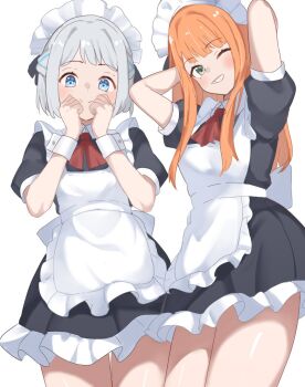 2girls apron arms_up black_dress blue_eyes blue_hair clenched_hands collared_dress commentary_request contrast_collar cowboy_shot dress gakuen_idolmaster green_eyes grey_hair grin idolmaster katsuragi_lilja long_hair long_sidelocks looking_at_viewer maid maid_apron maid_headdress multicolored_hair multiple_girls orange_hair puffy_short_sleeves puffy_sleeves shiun_sumika short_dress short_hair short_sleeves sidelocks smile soyo1558686 streaked_hair white_apron white_wrist_cuffs wrist_cuffs