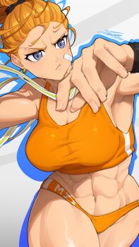 1girl :t abs absurdres artist_name bandaid bandaid_on_cheek bandaid_on_face blue_eyes breasts captain_mizuki colored_shadow earrings highres jewelry muscular muscular_female one-punch_man orange_hair orange_panties orange_sports_bra panties ponytail shadow sports_bra tettora underwear
