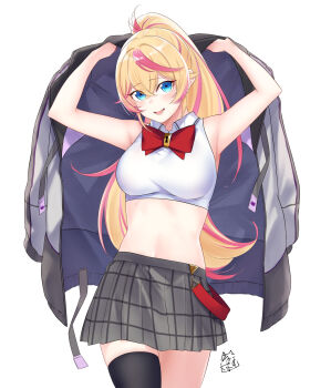 1girl :d akira_miku_ver armpits arms_up bare_arms bare_shoulders black_skirt blonde_hair blue_eyes blush bow bowtie breasts collared_shirt commentary cowboy_shot cropped_shirt double-parted_bangs eyes_visible_through_hair grey_jacket hair_between_eyes high-waist_skirt high_ponytail highres holding holding_jacket holding_unworn_clothes jacket keyhole large_breasts long_hair looking_at_viewer lower_teeth_only miniskirt multicolored_hair navel open_mouth original pink_hair pleated_skirt ponytail red_bow red_bowtie senri_(akira_miku_ver) shirt signature simple_background single_thighhigh skirt sleeveless sleeveless_shirt smile solo star-shaped_pupils star_(symbol) stomach streaked_hair symbol-shaped_pupils teeth thighhighs unworn_jacket white_background white_shirt windbreaker
