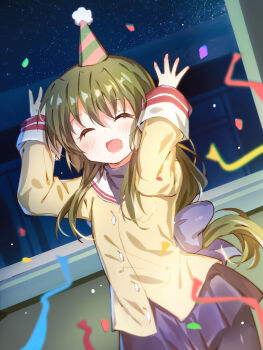 Rule 34 | 1girl, :d, ^ ^, blazer, blue skirt, blurry, blush, bow, clannad, closed eyes, commentary request, confetti, cowboy shot, depth of field, dutch angle, facing viewer, green hair, hair between eyes, hair bow, hands up, happy, hat, highres, hikarizaka private high school uniform, ibuki fuuko, indoors, jacket, lliissaawwuu2, long hair, low-tied long hair, miniskirt, night, open mouth, party hat, pleated skirt, purple bow, sailor collar, school uniform, serafuku, sidelocks, skirt, sky, sleeves past wrists, smile, solo, star (sky), starry sky, white sailor collar, window, yellow jacket