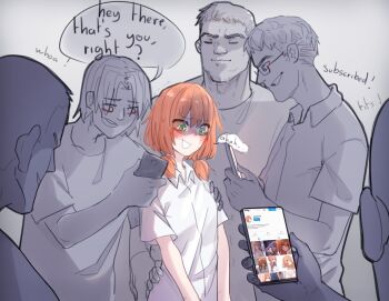 1girl 5boys artist_self-insert blush closed_eyes closed_mouth collared_shirt english_text glasses green_eyes grey_background holding holding_phone leaf_girl_(popopoka) medium_hair multiple_boys open_mouth orange_hair original own_hands_together parted_bangs phone popopoka shirt short_hair short_sleeves sweat teeth twintails white_shirt