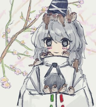 1girl animal animal_on_head animal_on_shoulder bird bird_on_hand bird_on_head bird_on_shoulder blush cherry_blossoms cloak grey_eyes grey_hair hands_in_opposite_sleeves hat high_collar japanese_clothes kariginu looking_at_viewer mononobe_no_futo neck_ribbon on_head ribbon ribbon-trimmed_sleeves ribbon_trim ritsuzou sketch smile solo sparrow straight-on tate_eboshi touhou upper_body white_cloak