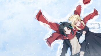 1boy 1girl ahoge alternate_costume belt belt_buckle black_belt black_coat black_dress black_hair blonde_hair brown_shirt buckle closed_eyes closed_mouth coat commentary contemporary couple dress facial_mark flower forehead_mark from_above genshin_impact green_hair hair_between_eyes hair_flower hair_ornament hetero highres jazminmtzv locked_arms long_sleeves lumine_(genshin_impact) lying multicolored_hair on_back open_clothes open_coat open_mouth red_scarf scarf shirt short_hair_with_long_locks smile snow snow_angel twitter_username white_flower xiao_(genshin_impact) yellow_eyes