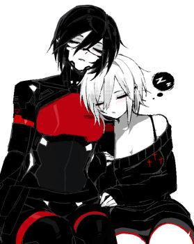 2girls alternate_costume android ariane_yeong arm_hug black_hair black_sweater breasts cleavage closed_eyes cowboy_shot elster_(signalis) eve_(everotten) facing_viewer head_on_another's_shoulder head_rest highres limited_palette multiple_girls off-shoulder_sweater off_shoulder short_hair signalis simple_background sitting skin_seams sleeves_past_wrists speech_bubble sweater thought_bubble white_background white_hair yuri