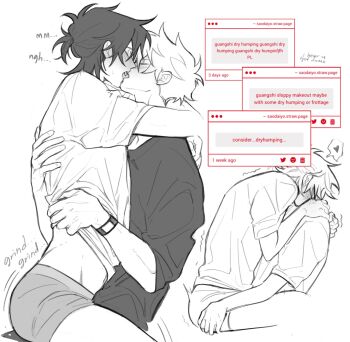 2boys antenna_hair blush cheng_xiaoshi closed_eyes clothes_lift commentary ear_blush english_commentary english_text french_kiss from_side greyscale hand_on_another&#039;s_ass hand_on_another&#039;s_back hand_on_another&#039;s_shoulder hand_under_clothes heart highres hug implied_sex kiss lifting_another&#039;s_clothes lu_guang male_focus male_underwear monochrome multiple_boys multiple_views open_mouth oyaamu ponytail profile shiguang_dailiren shirt shirt_lift short_hair short_ponytail short_sleeves shorts simple_background sitting sitting_on_lap sitting_on_person spoken_heart straddling t-shirt tongue tongue_out trembling twitter_username underwear watch white_background wristwatch yaoi