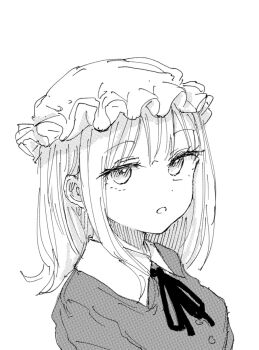 Rule 34 | 1girl, :o, blonde hair, buttons, collared dress, contrast collar, dress, hat, highres, kashiwada kiiho, looking at viewer, maribel hearn, medium hair, mob cap, monochrome, neck ribbon, open mouth, purple dress, ribbon, solo, touhou, white hat