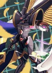 Rule 34 | absurdres, alphamon, alphamon ouryuuken, armor, black armor, black helmet, blue cape, blurry, blurry foreground, cape, digimon, digimon (creature), feathered wings, feathers, forehead jewel, halberd, helmet, highres, holding, holding polearm, holding weapon, knight, magic circle, polearm, potato (ewokakupotato), solo, two-sided cape, two-sided fabric, weapon, white cape, wings, yellow feathers