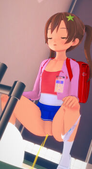 1girl 3d backpack bag bakusou_kyoudai_let&#039;s_&amp;_go!! bathroom blue_skirt blush bow bow_panties breasts brown_hair cardigan collarbone door green_eyes hair_ornament half-closed_eyes hands_on_own_knees highres long_hair long_sleeves name_tag oogami_marina open_mouth panties panties_around_leg peeing pink_cardigan pussy randoseru red_shirt shirt shoes skirt small_breasts socks squat_toilet squatting star_(symbol) star_hair_ornament studio_yosshii tank_top toilet toilet_use twintails uncensored underwear uwabaki white_panties white_shirt white_shoes white_socks