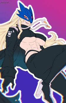 Rule 34 | 1girl, abs, absurdres, artist name, beelstarmon, black gloves, blonde hair, boots, breasts, cheeso art, digimon, digimon (creature), eye mask, female focus, gloves, grin, high heel boots, high heels, highres, jacket, large breasts, leather, leather jacket, long hair, mask, pants, purple eyes, simple background, smile, third eye