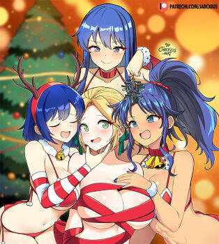 4girls :d abs ass bare_arms blonde_hair blue_hair blue_nails breasts caeda_(fire_emblem) catria_(fire_emblem) choker christmas_tree cleavage closed_eyes dark-skinned_female dark_skin embarrassed fake_antlers female_kris_(fire_emblem) fire_emblem fire_emblem:_mystery_of_the_emblem fire_emblem:_new_mystery_of_the_emblem fire_emblem:_three_houses green_eyes holding holding_mistletoe ingrid_brandl_galatea ingrid_brandl_galatea_(timeskip) jarckius large_breasts long_hair mistletoe multiple_girls nail_polish naked_ribbon nervous nintendo open_mouth ponytail red_choker red_ribbon ribbon shibari short_hair sideboob skindentation smile toned toned_female trait_connection underboob yuri