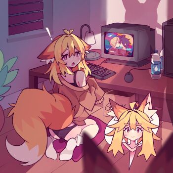 ! 2girls :&gt; ahoge animal_ear_fluff animal_ears bags_under_eyes black_panties blonde_hair caught commentary computer computer_keyboard computer_mouse crt cushion desk desk_lamp double-parted_bangs droopy_ears english_commentary fox_ears fox_girl fox_tail from_behind hair_between_eyes highres indoors kazumiskill lamp long_hair looking_at_viewer multiple_girls no_pants off-shoulder_shirt off_shoulder open_mouth original panties red_eyes seiza shadow shirt siblings sidelocks sisters sitting sleeves_past_fingers sleeves_past_wrists socks spoken_expression star-shaped_pupils star_(symbol) sweatdrop symbol-shaped_pupils tail thick_eyebrows underwear walk-in white_socks
