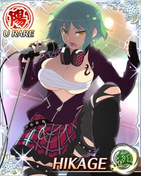 Rule 34 | 1girl, :o, black boots, black gloves, black jacket, boots, border, breast tattoo, breasts, budget sarashi, card (medium), character name, cleavage, clenched hand, dark skin, fingerless gloves, game cg, gloves, green hair, headphones, headphones around neck, hikage (senran kagura), jacket, large breasts, leg up, medium hair, microphone stand, music, official art, partially open jacket, plaid clothes, plaid skirt, red skirt, sarashi, senran kagura, senran kagura new wave, singing, skirt, slit pupils, snake tattoo, solo, stage lights, tattoo, thighhighs, third-party source, torn clothes, torn thighhighs, yellow eyes
