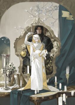 2boys absurdres animal black_cape black_hair branch brown_eyes candle candlestand cape closed_mouth elbow_gloves expressionless flower full_body gloves goat highres holding_candlestand long_hair looking_to_the_side male_focus multiple_boys original parted_bangs picture_frame robe shoes short_hair snake standing two-sided_fabric two-sided_veil veil white_flower white_gloves white_robe white_shoes white_veil yellow_eyes yellow_snake z12_ze_yao_er