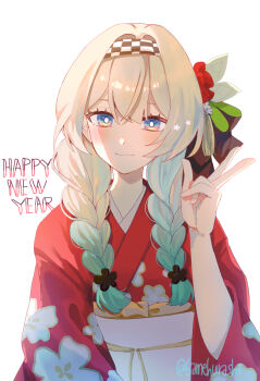 1girl 6amehurashi blue_eyes blush commentary english_commentary english_text grey_hair happy_new_year highres honkai:_star_rail honkai_(series) japanese_clothes kimono new_year purple_eyes red_kimono simple_background smile solo upper_body w white_background