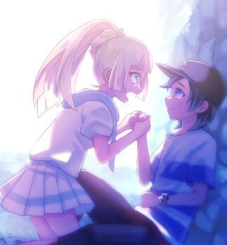 1boy 1girl backlighting black_hair black_hat blonde_hair blue_eyes commentary_request elio_(pokemon) hat hetero highres holding_hands lillie_(pokemon) long_hair nintendo pleated_skirt pokemon pokemon_sm ponytail ric_(aceradio) shirt short_hair sitting skirt striped_clothes striped_shirt tears white_background white_shirt