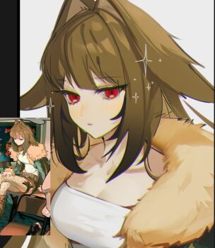 1girl blush breasts brown_hair cleavage collarbone commentary_request droopy_ears fur-trimmed_jacket fur_trim green_jacket jacket long_hair looking_at_another medium_breasts official_alternate_costume open_mouth portrait red_eyes reference_inset simple_background solo sparkle strapless tube_top white_background white_tube_top ye_shunguang zenless_zone_zero ziiiing