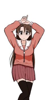 Rule 34 | 1girl, absurdres, azumanga daioh's school uniform, azumanga daiou, black thighhighs, breasts, brown eyes, brown hair, commentary request, glasses, highres, long hair, long sleeves, looking at viewer, matsum0t00, mizuhara koyomi, pink serafuku, pink shirt, pleated skirt, sailor collar, school uniform, serafuku, shirt, skirt, solo, thighhighs, white sailor collar, winter uniform