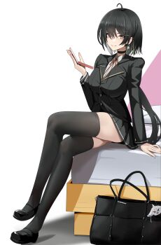 1girl abby_(wuthering_waves) absurdres alternate_costume bag black_bag black_choker black_hair black_jacket black_shoes black_skirt black_thighhighs breasts choker closed_mouth commentary_request cyk_(cyk451) earrings female_rover_(wuthering_waves) hair_between_eyes hair_ribbon hand_up highres jacket jewelry large_breasts long_hair looking_at_viewer ribbon rover_(wuthering_waves) school_bag shoes skirt smile thighhighs thighs triangle_earrings very_long_hair wuthering_waves yellow_eyes yellow_ribbon