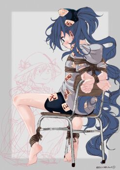 2girls bare_legs barefoot bdsm blue_bow blue_eyes blue_hair blue_skirt bondage bound bow chair commentary_request from_behind grey_hoodie hair_bow highres hinanawi_tenshi hood hood_down hoodie long_hair miniskirt multiple_girls restrained shibari sitting sketch skirt soles solo takeguchi_kouhei touhou very_long_hair wavy_hair yorigami_shion