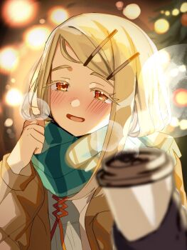 1girl 1other black_gloves blonde_hair blurry blurry_background blurry_foreground blush brown_coat camisole christmas_ornaments christmas_tree coat colored_eyelashes commentary_request cup depth_of_field disposable_coffee_cup disposable_cup enpera gakuen_idolmaster gloves green_scarf hair_ornament hairclip hand_up highres holding holding_cup idolmaster lens_flare looking_at_viewer offering_hand open_clothes open_coat open_mouth orange_ribbon parallel_hairclips pov pov_hands producer_(idolmaster) ribbon scarf shinosawa_hiro sumomo_otome swept_bangs white_camisole
