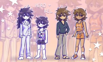 4girls antenna_hair bare_shoulders black_eyes black_shorts blue_pajamas blue_pants blue_sweater blush breasts brown_hair character_name checkered_clothes closed_mouth collarbone collared_pajamas colored_skin commentary dark-skinned_female dark_skin double-parted_bangs english_commentary genderswap genderswap_(mtf) grey_pants hair_between_eyes hero_(faraway)_(omori) hero_(headspace)_(omori) hero_(omori) highres kel_(faraway)_(omori) kel_(headspace)_(omori) kel_(omori) long_hair long_sleeves looking_at_viewer medium_breasts messy_hair multiple_girls navel omori orange_shoes orange_shorts pajamas pants purple_eyes purple_hair setosexual shoes short_hair shorts siblings sisters smile sneakers socks striped_clothes striped_pajamas striped_pants sweater tank_top two-tone_pants vertical-striped_clothes vertical-striped_pajamas vertical-striped_pants white_pajamas white_pants white_skin white_socks zoom_layer