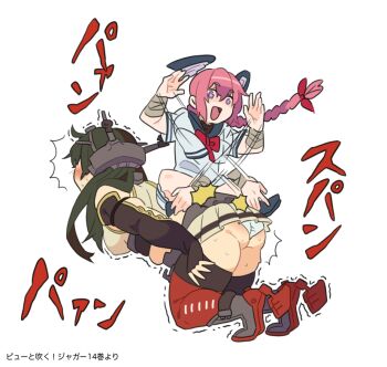 2girls ass bandaged_arm bandages black_thighhighs braid breasts covered_erect_nipples detached_sleeves dress emu_(eomou) floating_headgear headgear kantai_collection kneeling large_breasts long_hair miniskirt multiple_girls nagato_(kancolle) nenohi_(kancolle) open_mouth panties pink_hair pleated_skirt purple_eyes rudder_footwear sailor_dress simple_background sitting sitting_on_person skirt sound_effects spanking sweat thighhighs translation_request underwear white_background white_panties