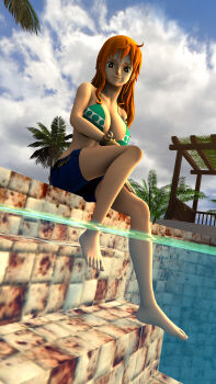 1girl 3d absurdres bangle bikini black_eyes blue_sky bracelet breasts closed_mouth cloud cloudy_sky earrings green_bikini highres jewelry large_breasts log_pose long_hair looking_at_viewer nami_(one_piece) nami_(one_piece)_(return_to_sabaody) one_piece orange_hair palm_tree partially_submerged pearl_earrings pool sky source_request striped_bikini striped_clothes swimsuit tree wavy_hair