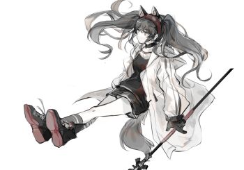 :| angelina_(arknights) animal_ear_fluff animal_ears apple_da-ze arknights black_collar black_gloves black_shirt black_shoes black_shorts black_socks brown_hair closed_mouth coat collar commentary dot_nose expressionless floating_hair fox_ears fox_girl fox_tail gloves hairband highres holding holding_staff infection_monitor_(arknights) jacket kneehighs long_hair long_sidelocks looking_to_the_side muted_color open_clothes open_coat open_jacket red_hairband red_jacket shirt shoes short_shorts shorts sidelocks sneakers socks staff tail twintails white_coat