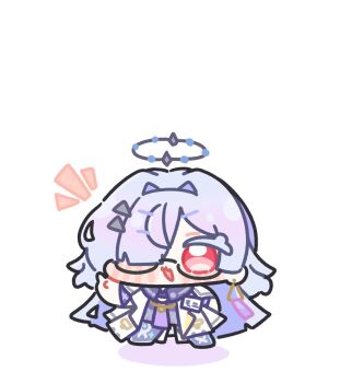 blush chibi chibi_only commentary earrings glasses grey_hair hair_intakes hair_ornament hair_over_one_eye halo highres jewelry long_hair mornye_(wuthering_waves) open_mouth red_eyes simple_background symbol-only_commentary syurikenmaru white_background wuthering_waves