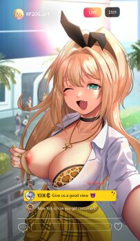 Rule 34 | :d, absurdres, animal print, blonde hair, bra, breasts, checkered clothes, checkered skirt, choker, cleavage, clothes around waist, collarbone, exhibitionism, fang, goddess of victory: nikke, gold nails, green eyes, hair between eyes, highres, jacket, jacket around waist, large breasts, leopard print, livestream, long hair, nail polish, nipples, one breast out, one eye closed, open mouth, outdoors, ponytail, public indecency, rupee (nikke), shirt, skirt, smile, syde b, unbuttoned, unbuttoned shirt, underwear, white shirt, yellow jacket, yellow skirt