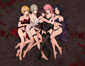 black_socks bracelet flower ichinose_shiki idolmaster idolmaster_cinderella_girls jewelry jougasaki_mika long_hair modare multiple_girls petals red_flower red_rose rose rose_petals socks tulip_(idolmaster)
