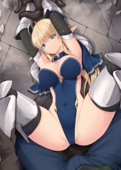 1boy 1girl :o ahoge armor armored_boots armored_gloves armored_legwear blonde_hair blue_bow blue_collar blue_leotard boots bow breasts bulge collar commentary_request covered_navel elf erection erection_under_clothes gauntlets gloves green_eyes highleg highleg_leotard jewelry kirishima_satoshi large_breasts leotard leotard_elf_knightess_(kirishima_satoshi) long_hair long_pointy_ears original pauldrons pointy_ears restrained shoulder_armor sideless_leotard stone_floor super_highleg tentacles thighhighs very_long_hair