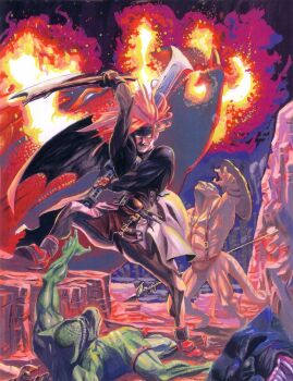 album_cover arc_system_works axe belt cover demon epic fire gloves glowing glowing_eyes guilty_gear guilty_gear_x headband hell highres ishiwatari_daisuke manly official_art order-sol order_sol rock sol_badguy sword weapon wings